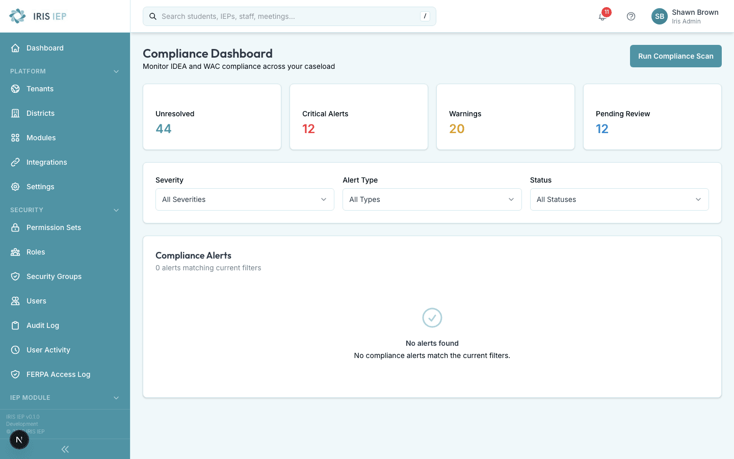 Compliance dashboard showing real-time tracking across districts