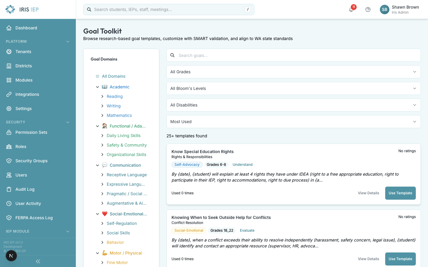Parent portal showing secure family access to IEP plans and progress